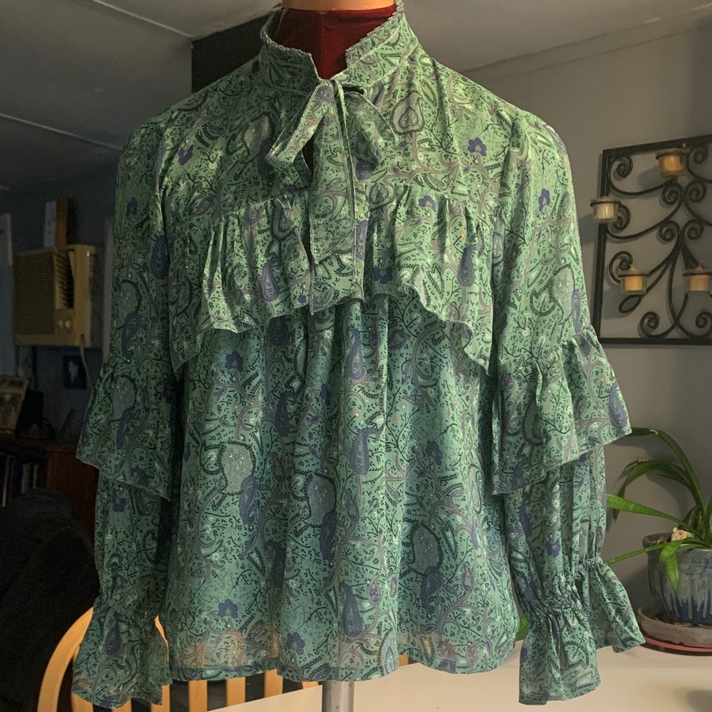 Lucky Brand Green Paisley Ruffle Blouse NWOT